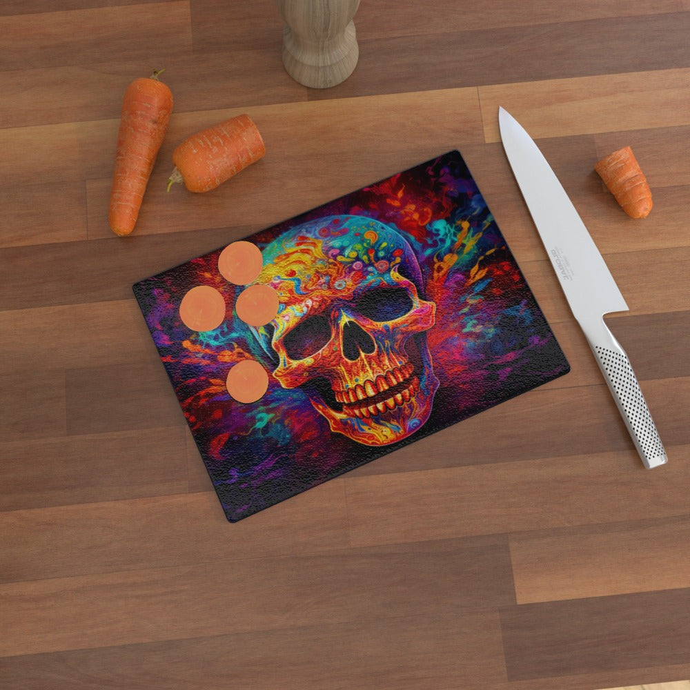 Psychedelic Trippy Skull, Glass Chopping Board