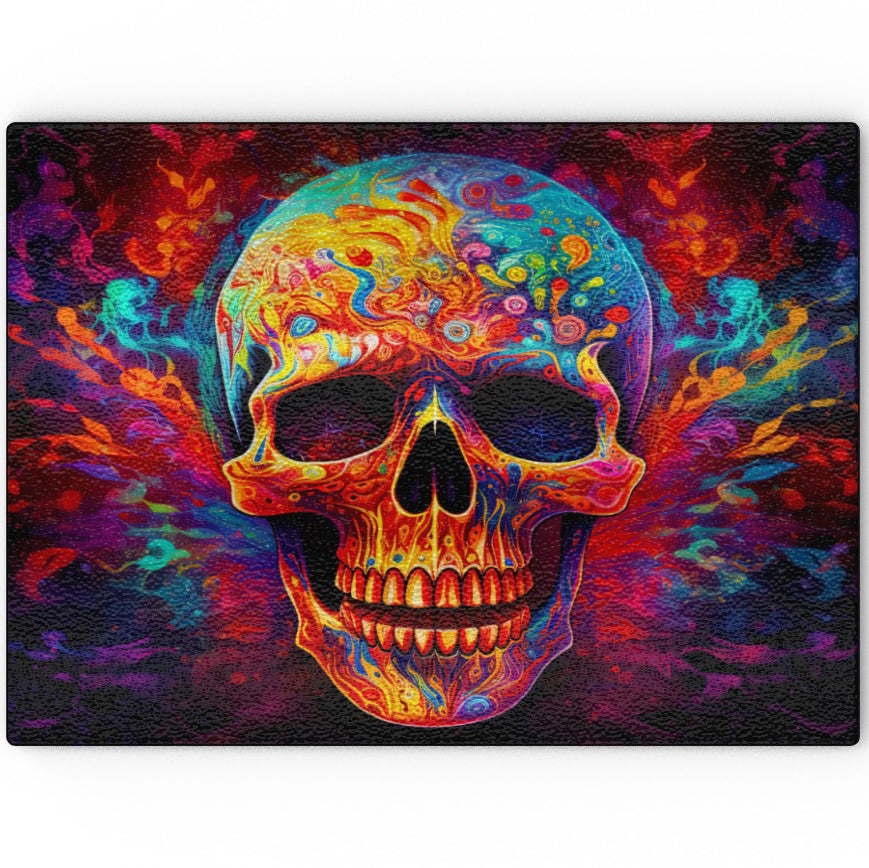 Psychedelic Trippy Skull, Glass Chopping Board