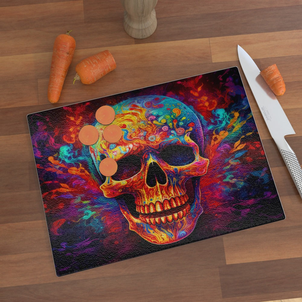 Psychedelic Trippy Skull, Glass Chopping Board