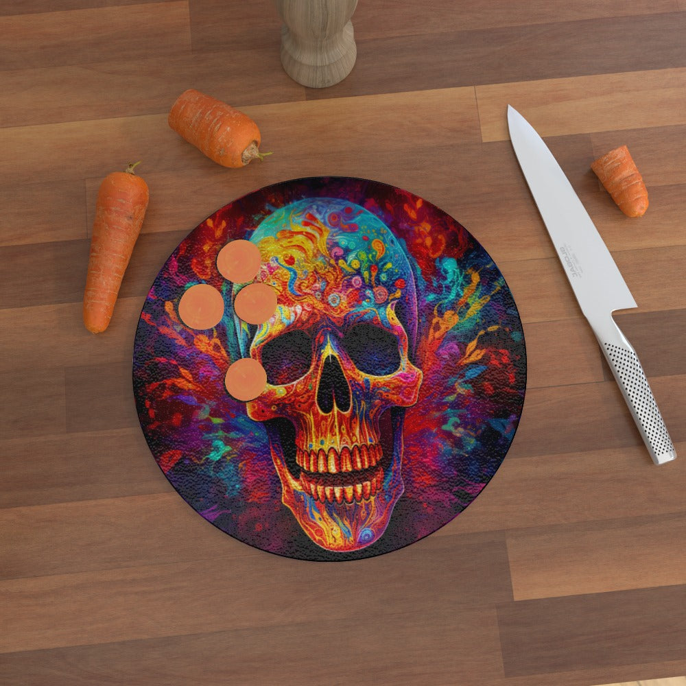 Psychedelic Trippy Skull, Glass Chopping Board