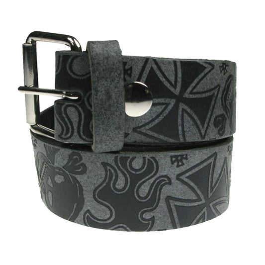 Skull & Crossbones with Crosses, Real Leather Special Grey, Snap On Belt 1.5 inch/38mm - With Buckle