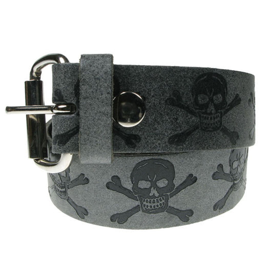 Skull & Crossbones, Real Leather Special Grey, Snap On Belt 1.5 inch/38mm - With Buckle