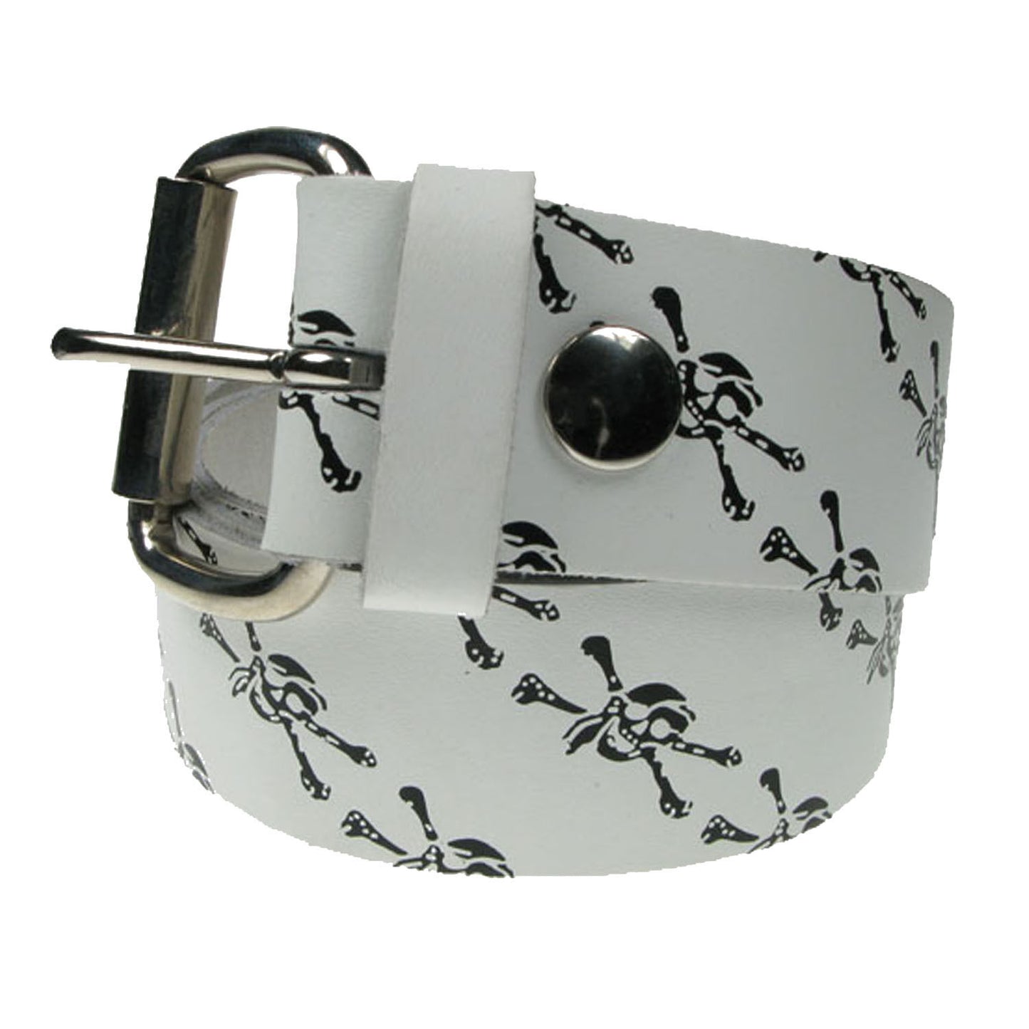Pirate Skull & Crossbones, Real Leather White, Snap On Belt 1.5 inch/38mm - With Buckle