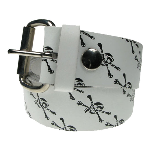 Pirate Skull & Crossbones, Real Leather White, Snap On Belt 1.5 inch/38mm - With Buckle