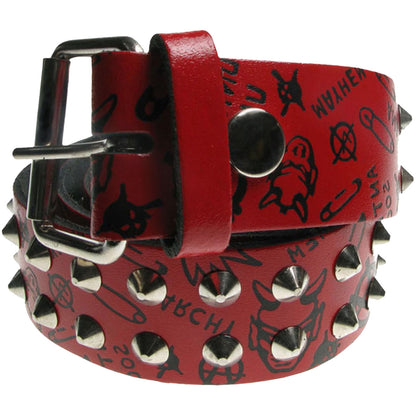 Anarchy Studded Red Real Leather Snap On Belt 1.5 inch/38mm - With Buckle