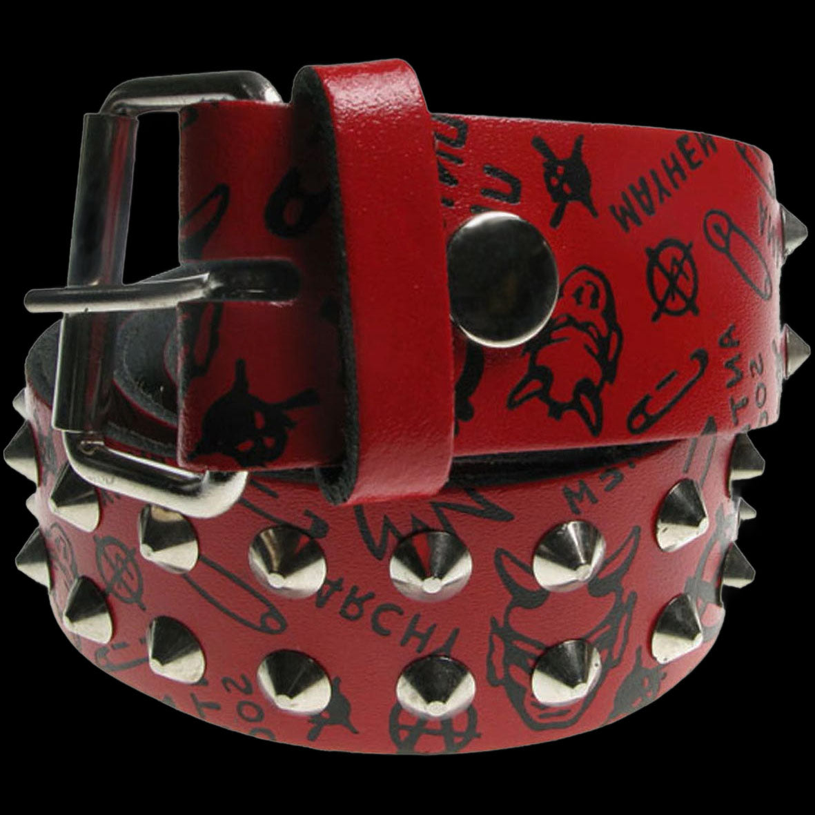 Anarchy Studded Red Real Leather Snap On Belt 1.5 inch/38mm - With Buckle