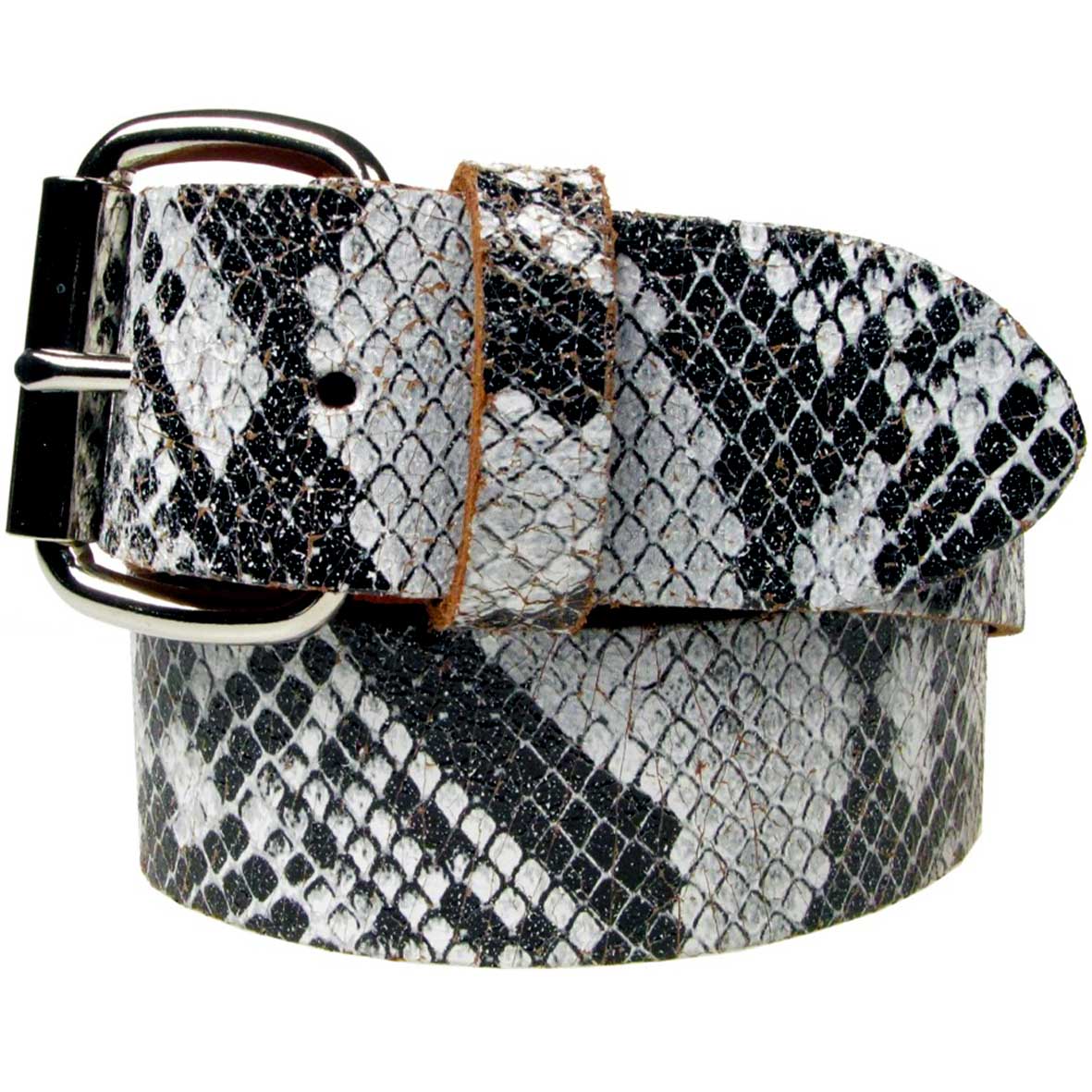 Black & White Snakeskin Real Leather Snap On Belt 1.5 inch/38mm - With Buckle