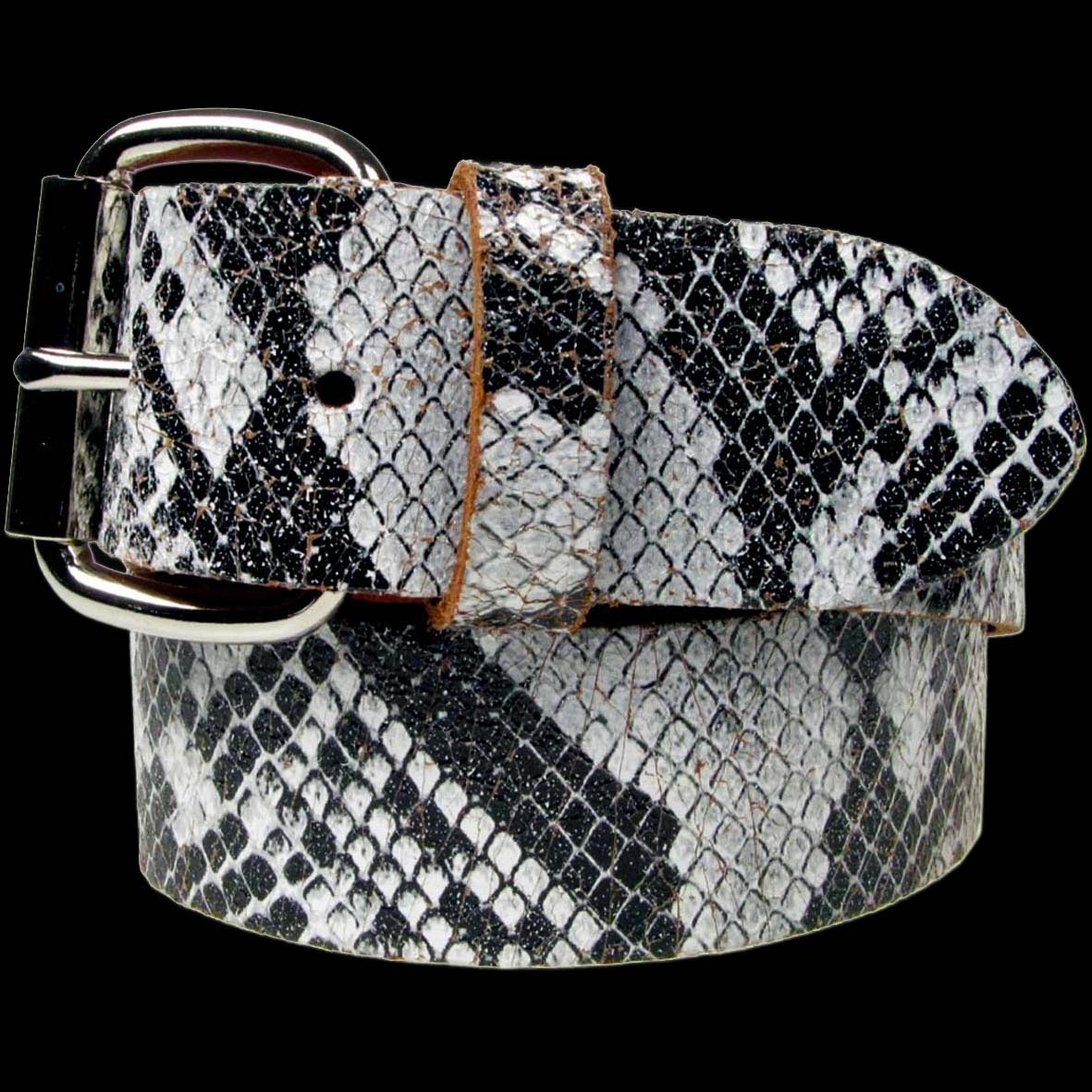 Black & White Snakeskin Real Leather Snap On Belt 1.5 inch/38mm - With Buckle