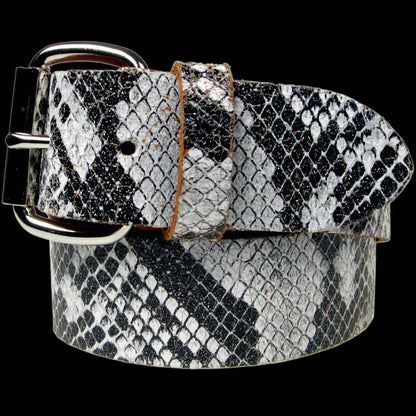 Black & White Snakeskin Real Leather Snap On Belt 1.5 inch/38mm - With Buckle