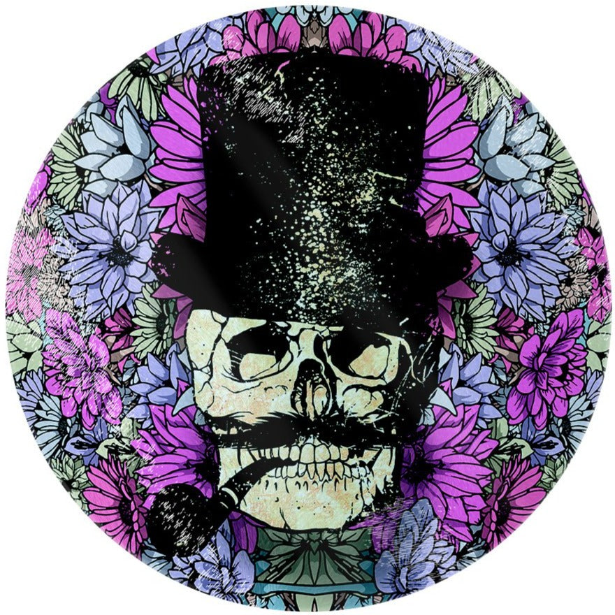 Floral Gentleman Skull - Circular Glass Chopping Board