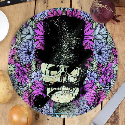 Floral Gentleman Skull - Circular Glass Chopping Board