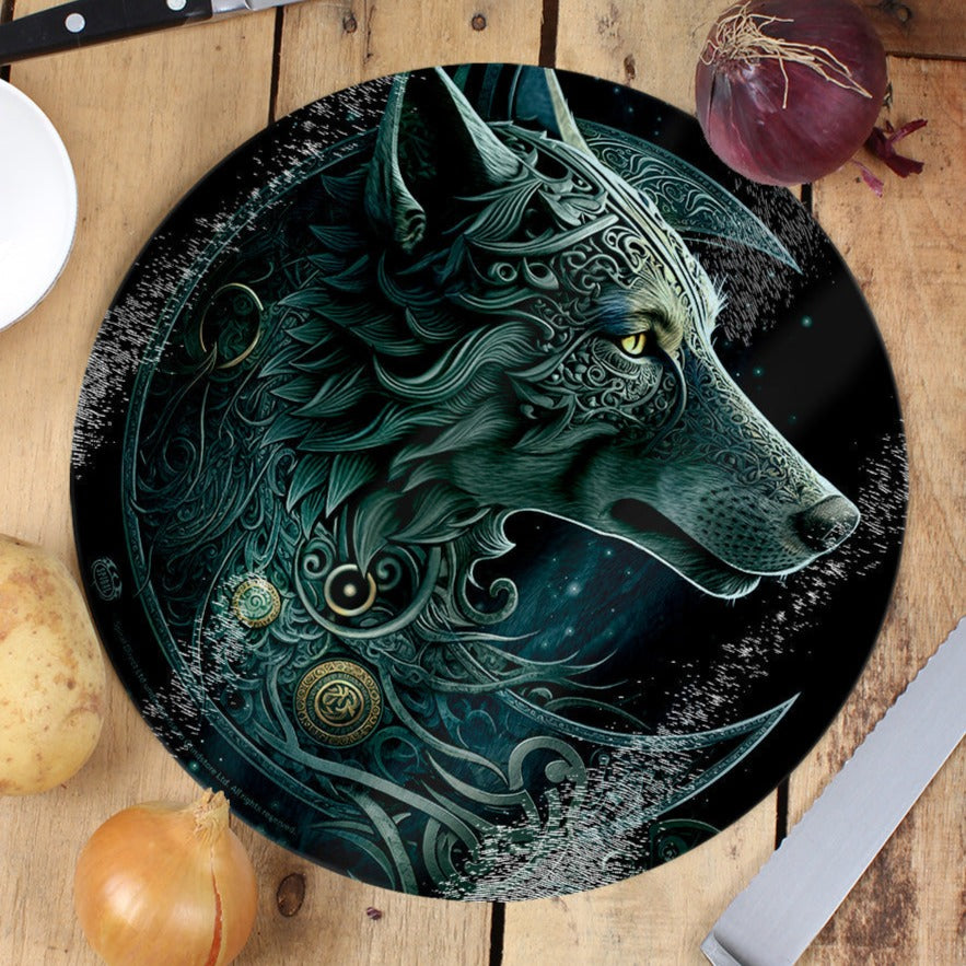 Celtic Wolf - Circular Glass Chopping Board