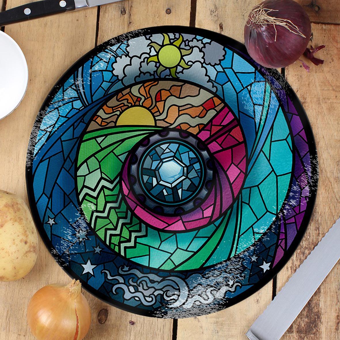 Spectroscope Stained Glass Window Effect - Circular Glass Chopping Board