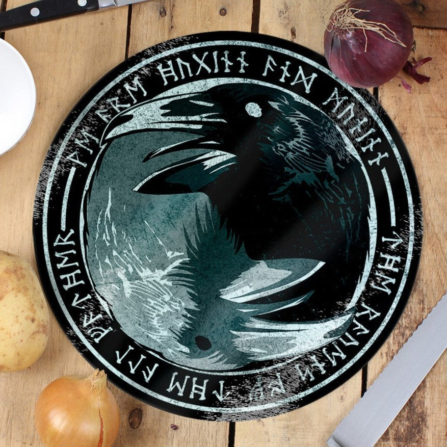 The Ravens Of The All Father - Circular Glass Chopping Board